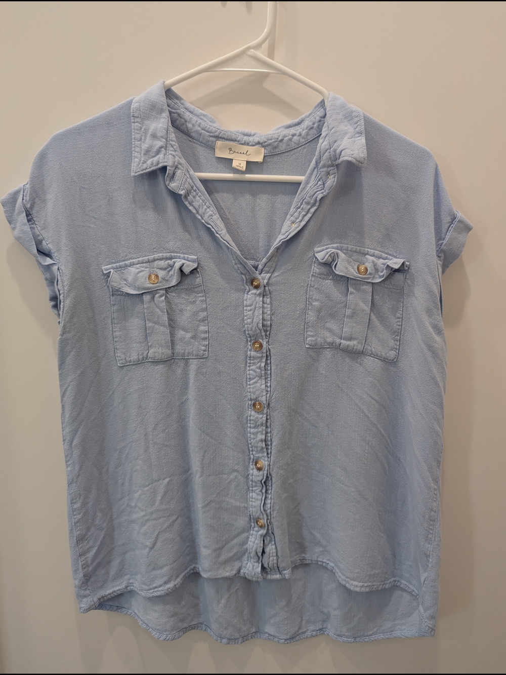 Light Blue Button-Front Short Sleeve Top